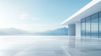 Obraz premium A modern white building with large glass windows overlooking the sea, with a clear blue sky and mountains in the background