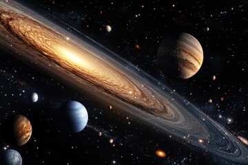 A beautiful view of a distant galaxy with planets in the foreground.