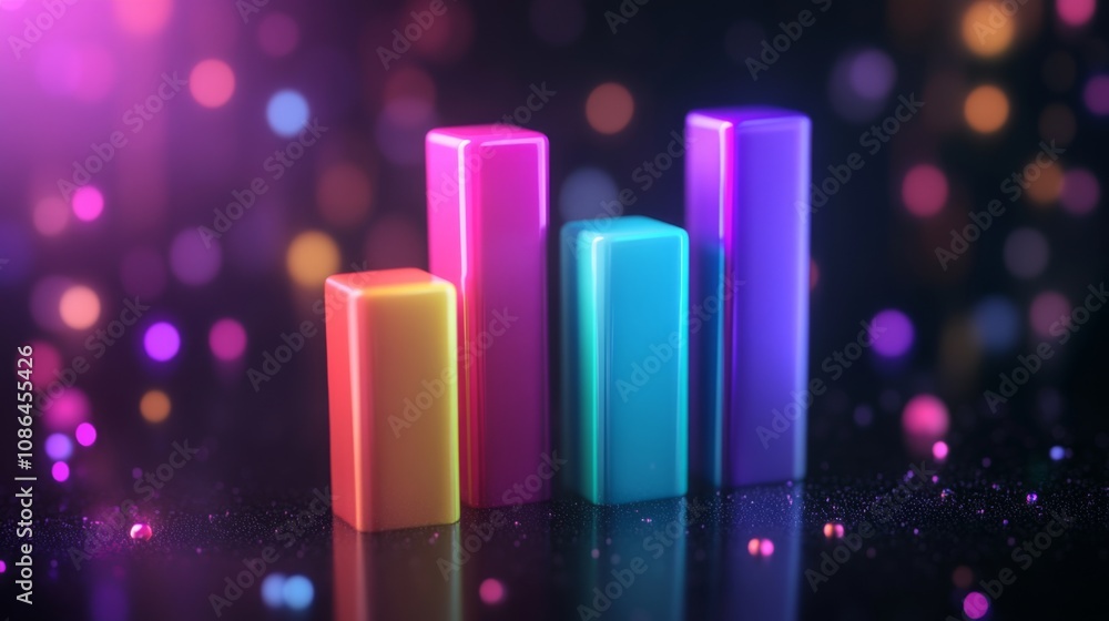 Aufkleber Colorful 3D Bar Graph Representing Data Growth with Blurred Background of Glittering Lights for Use in Technology and Business Presentations