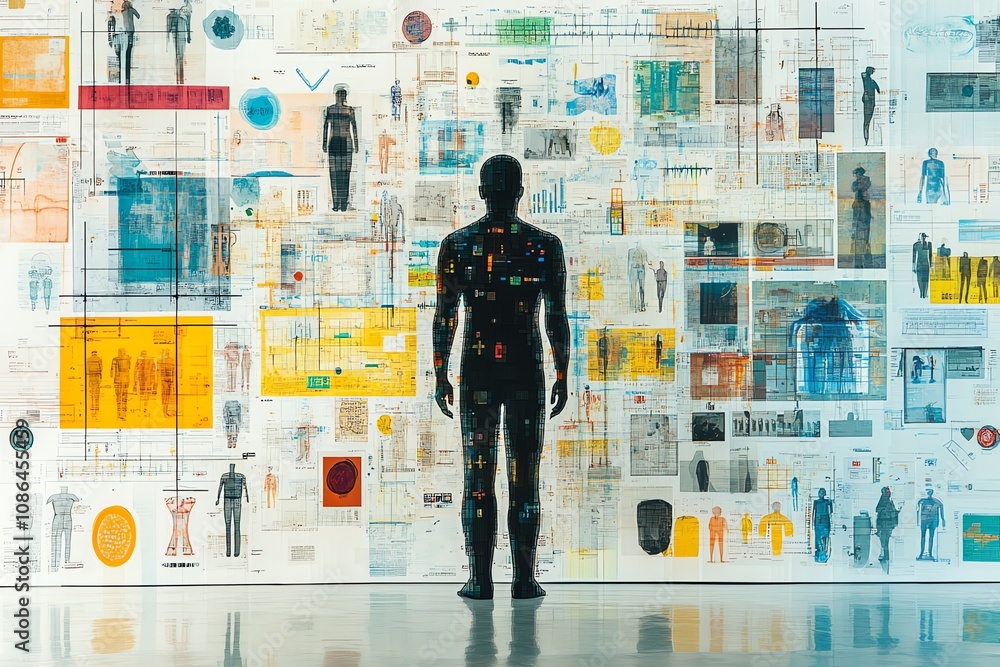 Aufkleber A silhouette of a person standing in front of a wall covered in data and information, representing the overwhelming amount of data in the modern world.