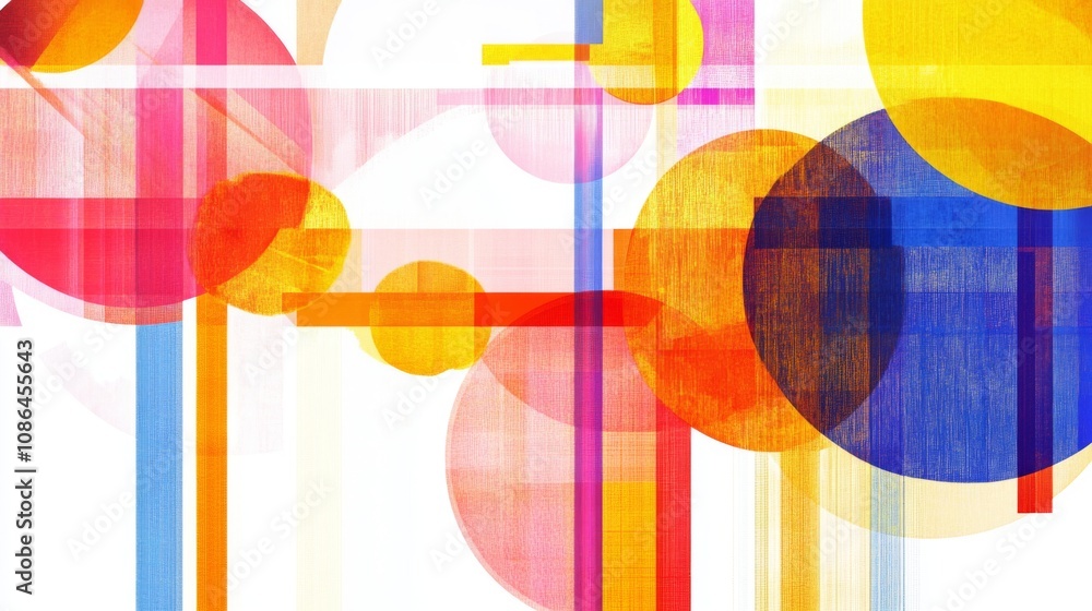 Poster abstract composition featuring vibrant circular shapes and colorful lines in a modern design with a 