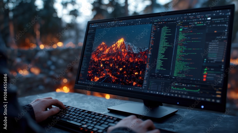 Poster digital artist working on fiery mountain landscape design coding software development