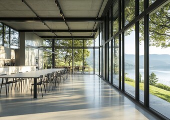 Fototapeta premium Modern dining room with large windows overlooking a lake and mountains.