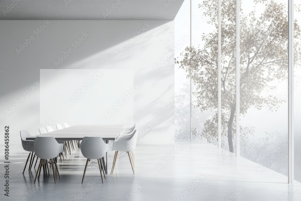 Aufkleber a minimalist conference room with a large window overlooking a tree and a blank wall for displaying 