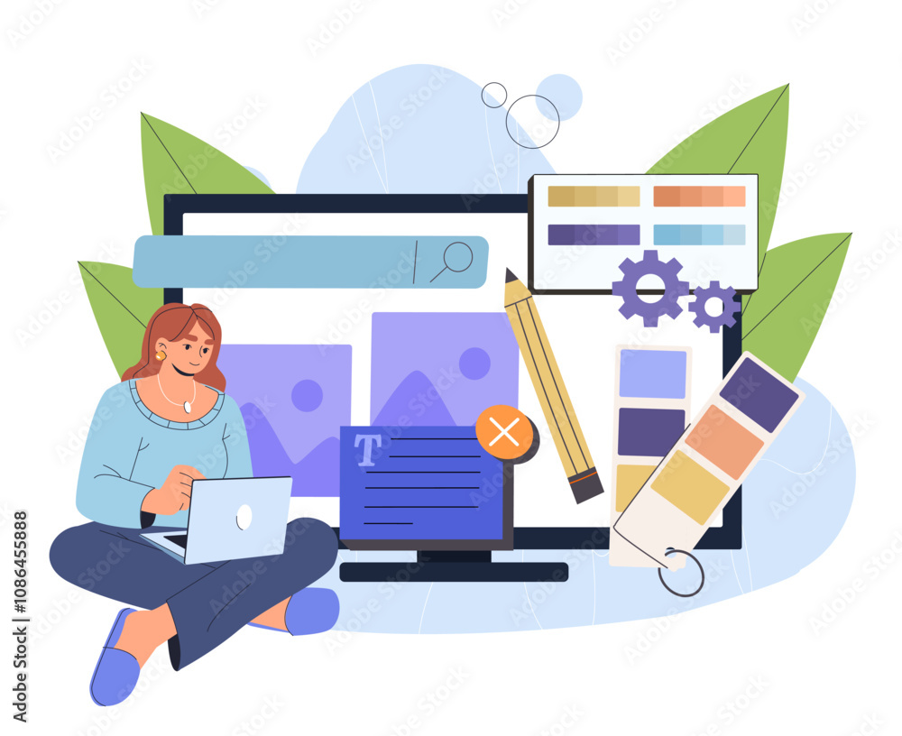 Poster woman developing website. young girl with laptop develops ui and ux design for web page. webpage dev