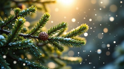 Evergreen branches in golden light with cones and snowflakes in close-up view