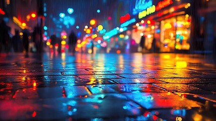 Fototapeta premium A photograph of a city street after rain, with reflections on the wet pavement, neon lights reflecting in the puddles