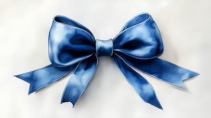 A vibrant watercolor painting of a rich azure blue velvet bow with subtle highlights, on a bright white canvas
