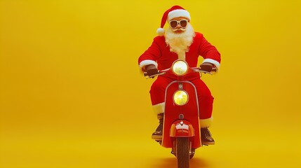Fototapeta premium Playful Santa Claus on a Red Scooter: Capture Holiday Cheer with This Dynamic Poster for Sporty Interiors on a Vibrant Yellow Background!