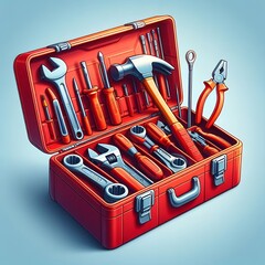 A vector illustration of a bright red toolbox, open to display neatly arranged tools 