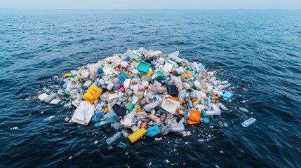 Plastic waste floating in the ocean concept. Large plastic island in middle of ocean, environmental crisis, oceanic plastic waste, pollution awareness