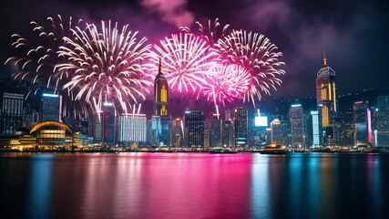City skyline lit up with festive lights as New Year fireworks fill the sky.