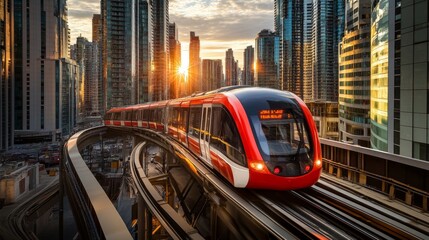 Modern Urban Train Moving Through Cityscape at Sunrise Amidst Skyscrapers and Golden Light, Showcasing Urban Transportation and Architecture Advancements