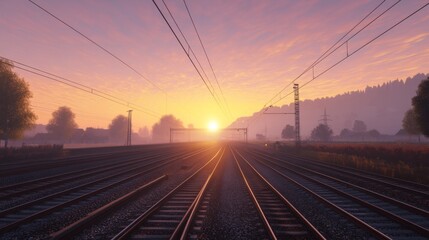 Fototapeta premium Serene Sunrise Over Train Tracks Surrounded by Nature's Beauty, Capturing the Tranquility of Early Morning Light and Atmospheric Perspective on the Railroad