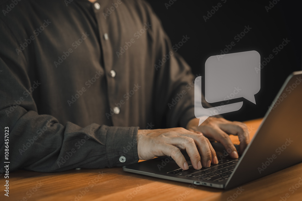 Poster Man using a laptop with social media, typing live chat chatting on application communication digital website and social network concept. Social media application chat box.