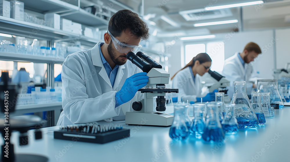 Aufkleber Laboratory researchers examining samples under microscope in biotech lab