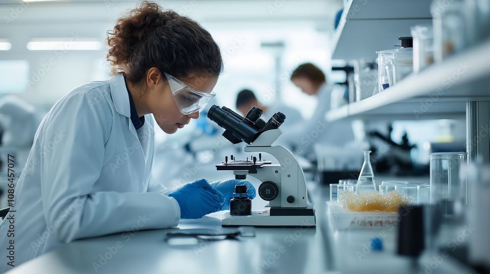 Aufkleber researcher examines samples under microscope in laboratory setting