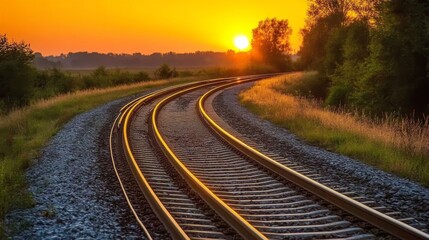 Serene Sunset Over Curving Railroad Tracks Surrounded by Lush Greenery and Golden Light on a Warm Evening in Nature