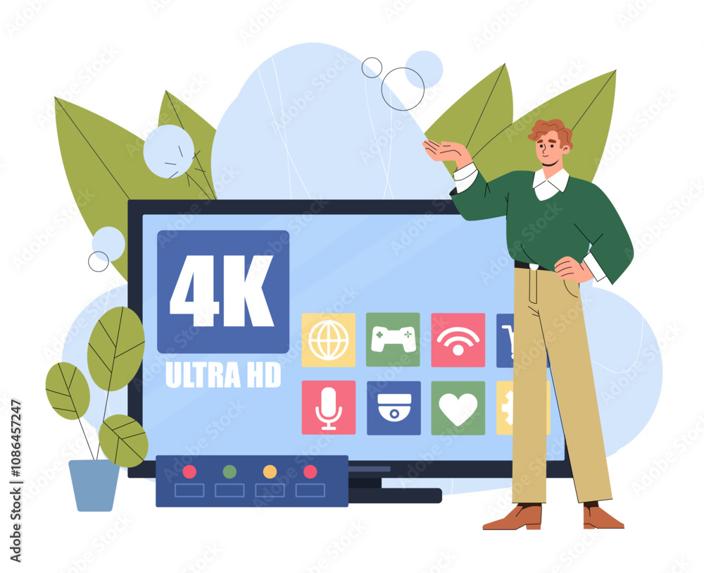 Poster man with smart tv. young guy near tv screen. television, gadget and device. lcd display and remote c