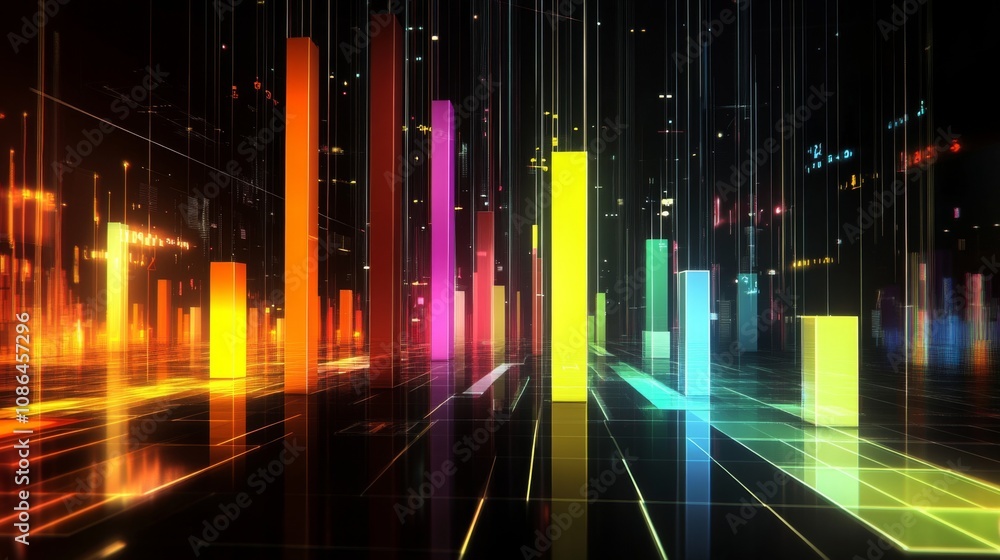 Poster vibrant digital sound waves in various colors representing data visualization and movement in a futu