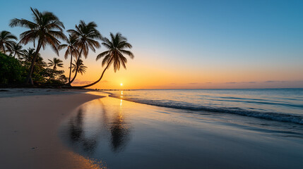 Fototapeta premium Serene ocean beach at sunset with golden reflections and palm trees