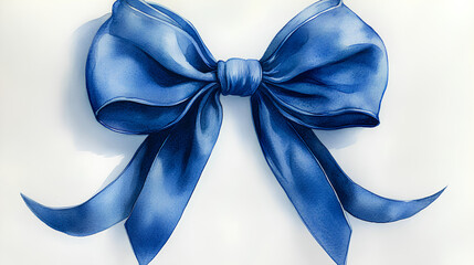 A whimsical watercolor depiction of a lush azure blue velvet bow, with flowing tails, on a clean white backdrop