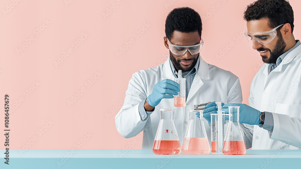Aufkleber laboratory technicians conducting experiments with glassware and liquids