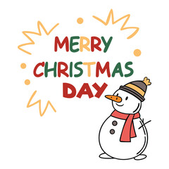 Merry Christmas day text with snowman, leaves, and many ornaments, vector illustration, isolated on white background.