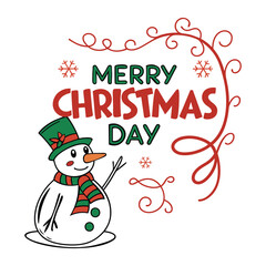 Merry Christmas day text with snowman, leaves, and many ornaments, vector illustration, isolated on white background.