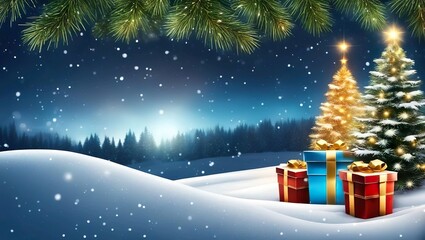Christmas Tree On Snow At Night With Shining Star And Gift Boxes In Snowy Forest - Winter Abstract Landscape