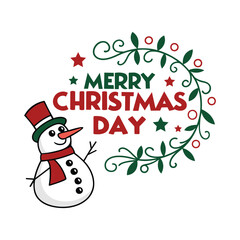 Merry Christmas day text with snowman, leaves, and many ornaments, vector illustration, isolated on white background.