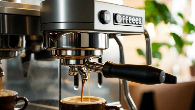 Video footage of sleek espresso machine brewing a rich, dark espresso into a waiting cup