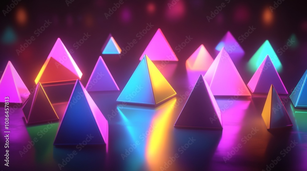 Aufkleber vibrant neon pyramids on glossy surface with colorful lights, creating an eye-catching and futuristi
