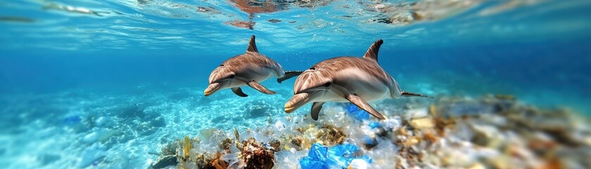 Fototapeta premium Plastic waste floating in the ocean concept. Dolphins swimming amidst floating plastic debris in open ocean, marine wildlife crisis, pollution impact
