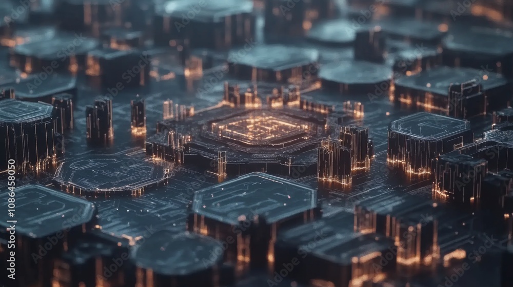 Poster futuristic digital landscape featuring geometric shapes with glowing lights reflecting a high-tech i