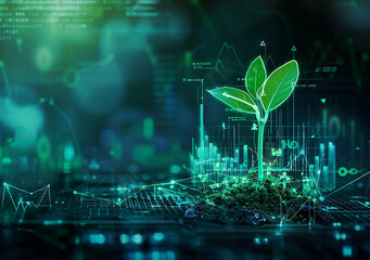 A futuristic sprout plant grows in the center of an interactive digital screen, surrounded by graphs and charts representing the growth of technological innovation. Neon blue reflections on green leav