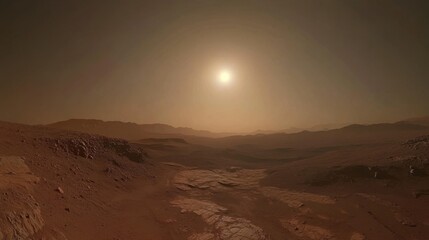 Fototapeta premium Desert landscape with a moon in the background. Dry and death planet illustration.