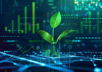 A futuristic sprout plant grows in the center of an interactive digital screen, surrounded by graphs and charts representing the growth of technological innovation. Neon blue reflections on green leav