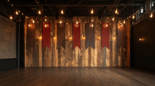 Interior with red banners hanging on the wooden wall. Vintage awards.