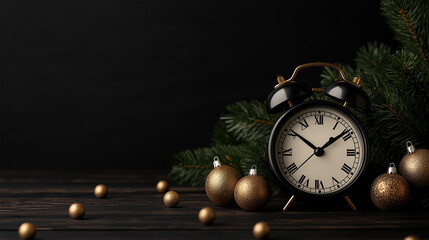 Clock striking midnight with festive decorations and ornaments
