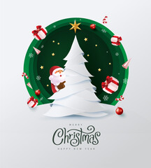 Merry christmas and happy new year background Decorated with happy Santa Claus christmas tree and festive decoration