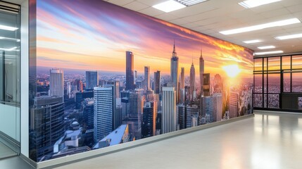Office interior with a large mural showcasing a sunset over a city skyline. Modern workspace design.