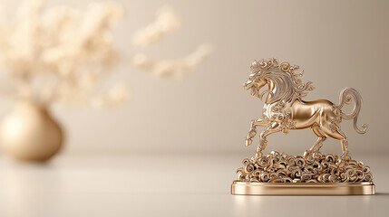 Fototapeta premium Close up of golden horse figurine on soft background, symbolizing prosperity