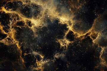A celestial expanse filled with swirling clouds of golden gas and a scattering of stars in a dark night sky.