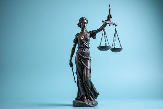 Bronze statue of Justice with scale on pedestal