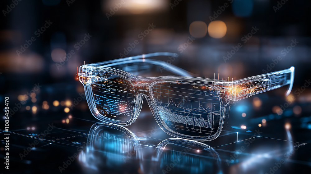 Poster close up of futuristic glasses displaying data visualizations and analytics