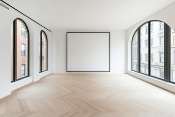 Obraz premium A spacious, modern room with large arched windows, white walls, and hardwood floors. The room is empty, perfect for showcasing furniture, art, or other decor.