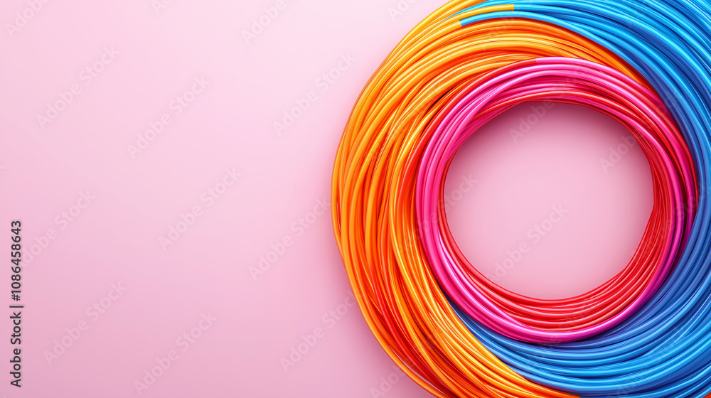 Poster colorful cables arranged in circular pattern on pink background