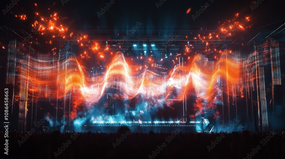 Poster here's a possible and keyword list for your stock photo... energetic concert stage with vibrant ligh