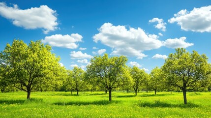Fototapeta premium Spring landscape with green grass, trees and blue sky with white clouds.